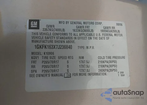 2007 GMC Yukon Xl 1500 Sle z USA, uszkodzony, nr VIN 1GKFK163X7J236840